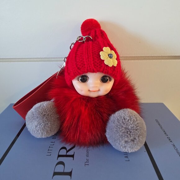 Cute Smiling Fur Baby Keychain with LOVE tag, Plush rabbit fur, Bag Charm - Picture 4 of 5